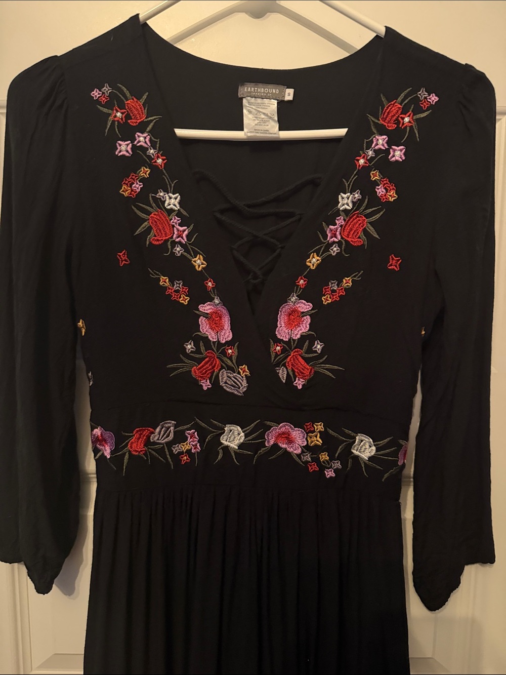 EARTHBOUND Black Maxi Dress with Pink & Red Floral Embroidery